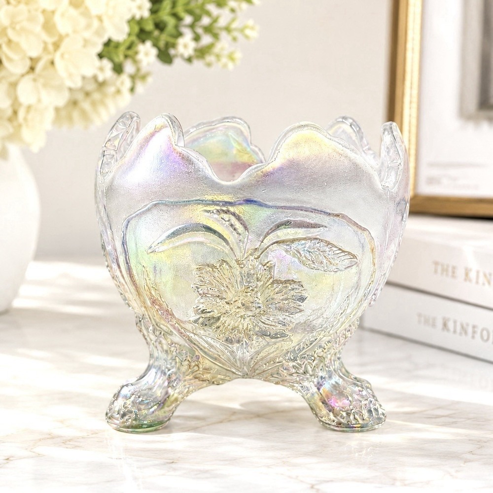 VTG Imperial Glass Everglades White Iridescent 3 Footed Bowl 3" Floral Lion Feet